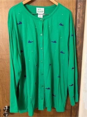 Quacker Factory 3X Cotton Green Cardigan with Navy Whale Embroidery